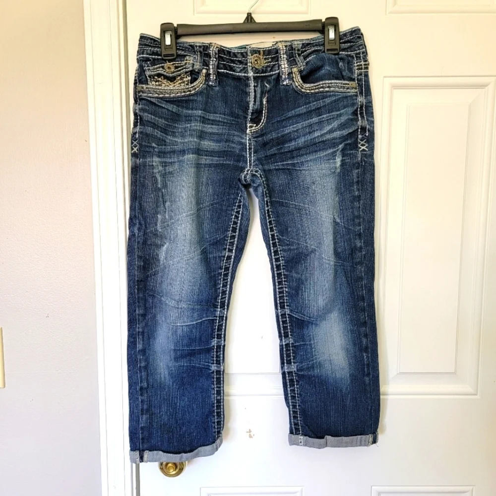 Trademark H Cropped Denim Jeans Logo Embroidered Cuffed Medium  Wash Size 29